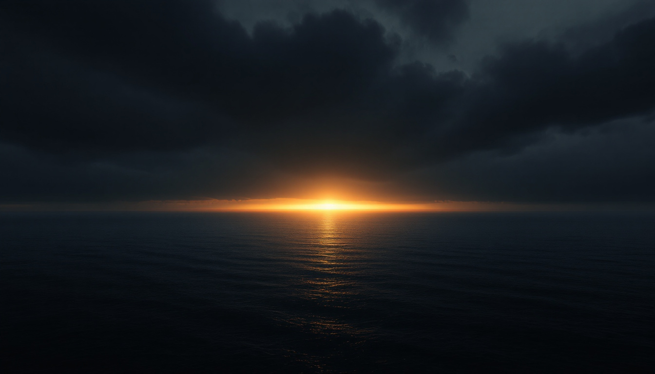 Dunkle Wasserfläche in der Dämmerung, ein schmaler kupferfarbener Lichtstreif am Horizont