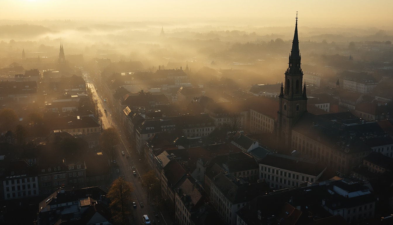Deutsche Stadt im ersten Morgenlicht, Nebel in den Straßen, warmes Licht auf den Dächern